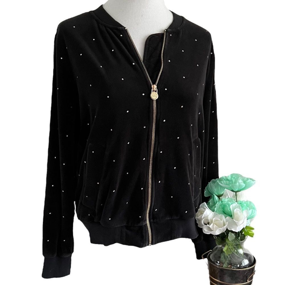 Michael Kors Black Velour Rhinestone Bomber Jacket  Large Black and gold